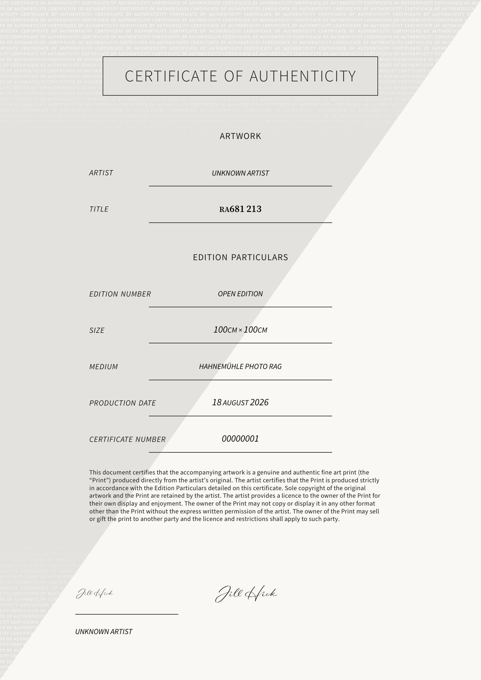 RA681 213 — Certificate of Authenticity